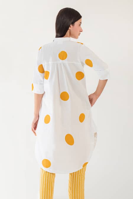 Shop_Merakus_White Cotton Collared Polka Dot Print Tunic With Pant _at_Aza_Fashions