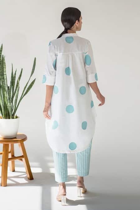 Shop_Merakus_White Cotton Printed Polka Dot Shirt Collar Tunic With Pant  _at_Aza_Fashions