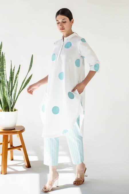 Merakus_White Cotton Printed Polka Dot Shirt Collar Tunic With Pant  _Online_at_Aza_Fashions