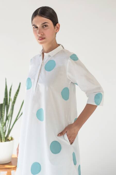 Buy_Merakus_White Cotton Printed Polka Dot Shirt Collar Tunic With Pant  _Online_at_Aza_Fashions