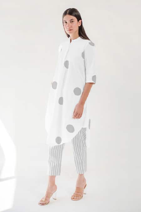 Shop Merakus White Cotton Shawl Neck Contrast Dot Print Tunic With Pant at Aza Fashions Shop_Merakus_White Cotton Shawl Neck Contrast Dot Print Tunic With Pant _at_Aza_Fashions