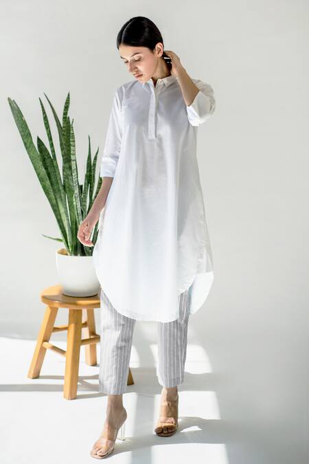 Merakus White Cotton Solid Shirt Collar Tunic With Contrast Pant 