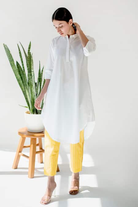 Merakus White Cotton Solid Shirt Collar Straight Tunic With Striped Pant 