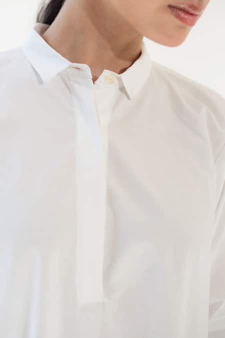 Shop_Merakus_White Cotton Collared Straight Tunic With Striped Pant _at_Aza_Fashions