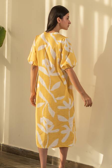 Shop_Merakus_Yellow Cotton V-neck Contrast Floral Print Dress _at_Aza_Fashions