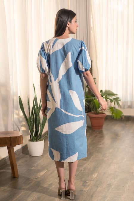 Shop_Merakus_Blue Cotton V-neck Floral Contrast Print Dress _at_Aza_Fashions