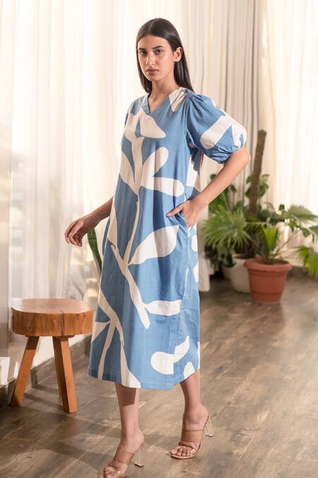 Buy_Merakus_Blue Cotton V-neck Floral Contrast Print Dress _Online_at_Aza_Fashions