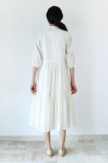 Shop_Merakus_Ivory Cotton Zari Mandarin Collar Chequered Dress _at_Aza_Fashions