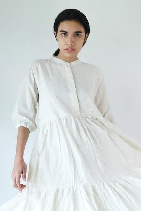 Merakus_Ivory Cotton Zari Mandarin Collar Chequered Dress _Online_at_Aza_Fashions