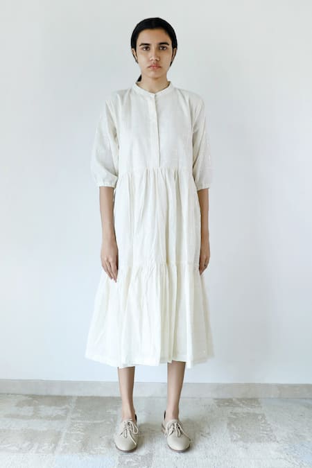 Buy_Merakus_Ivory Cotton Zari Mandarin Collar Chequered Dress _Online_at_Aza_Fashions