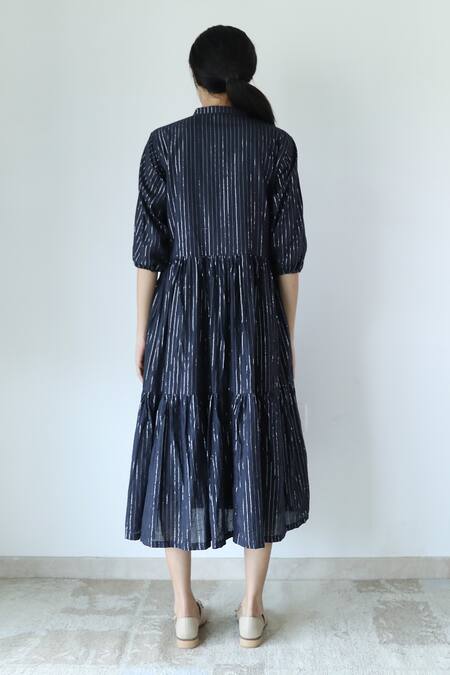 Shop_Merakus_Black Cotton Zari Mandarin Collar Stripe Pattern Dress _at_Aza_Fashions