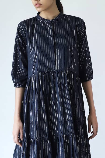 Merakus_Black Cotton Zari Mandarin Collar Stripe Pattern Dress _Online_at_Aza_Fashions