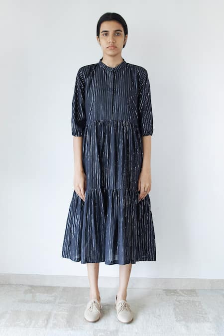 Buy_Merakus_Black Cotton Zari Mandarin Collar Stripe Pattern Dress _Online_at_Aza_Fashions