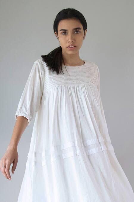Merakus_White Cotton Round Neck Pleated Yoke Dress _Online_at_Aza_Fashions