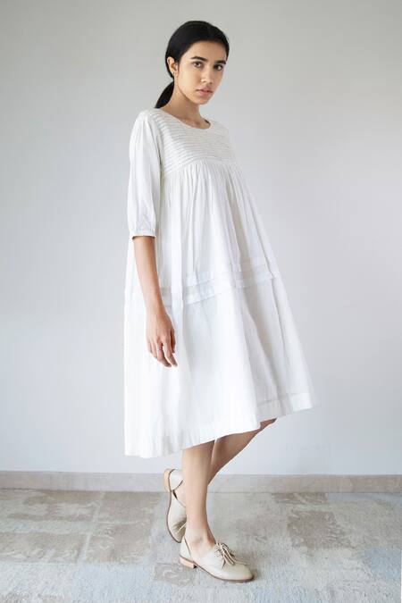 Buy_Merakus_White Cotton Round Neck Pleated Yoke Dress _Online_at_Aza_Fashions