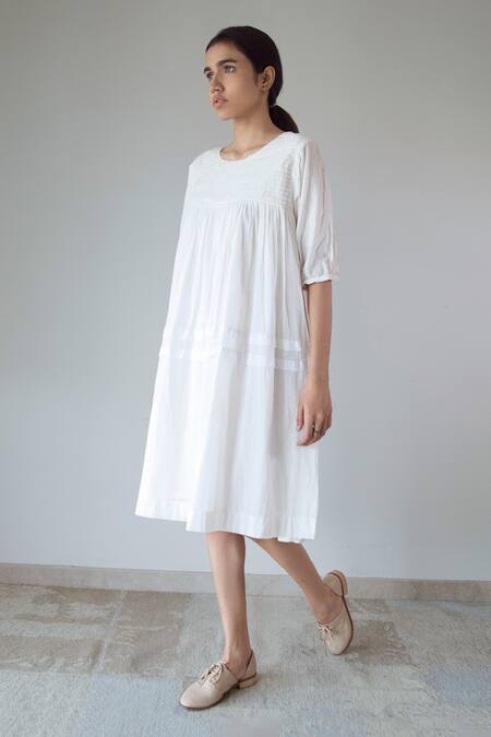 Shop_Merakus_White Cotton Round Neck Pleated Yoke Dress _Online_at_Aza_Fashions