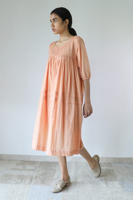 Buy_Merakus_Peach Cotton Round Neck Pleated Yoke Dress _Online_at_Aza_Fashions
