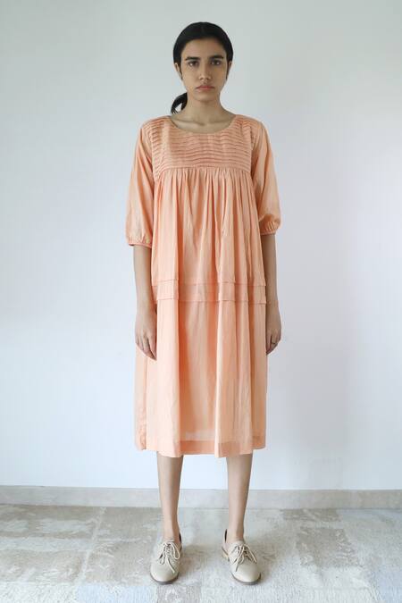 Shop_Merakus_Peach Cotton Round Neck Pleated Yoke Dress _Online_at_Aza_Fashions