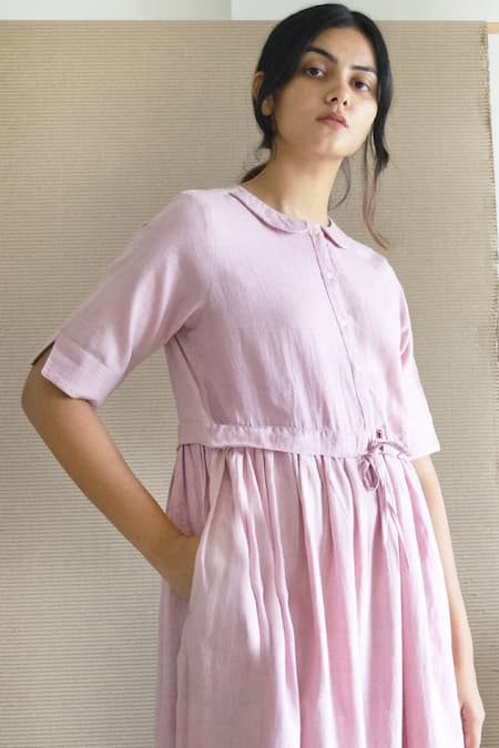 Merakus_Pink Cotton Collared Peter Pan Dress _Online_at_Aza_Fashions