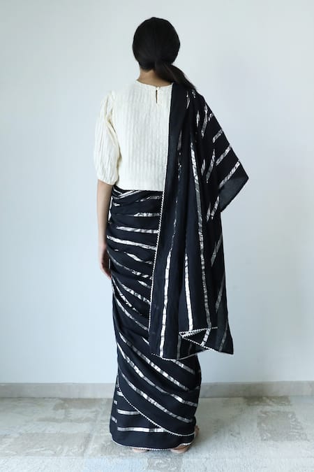 Shop Merakus Black Cotton Zari Stripe Pattern Saree at Aza Fashions Shop_Merakus_Black Cotton Zari Stripe Pattern Saree _at_Aza_Fashions