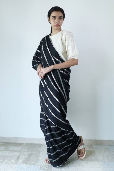 Merakus_Black Cotton Zari Round Neck Stripe Pattern Saree With Blouse _Online_at_Aza_Fashions