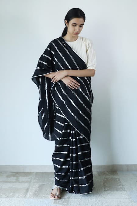 Shop_Merakus_Black Cotton Zari Round Neck Stripe Pattern Saree With Blouse _Online_at_Aza_Fashions