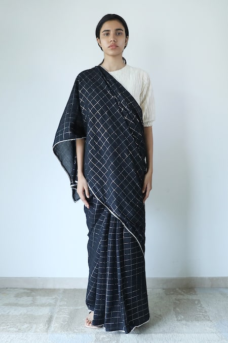 Buy_Merakus_Black Cotton Chequered Zari Pattern Saree  _Online_at_Aza_Fashions