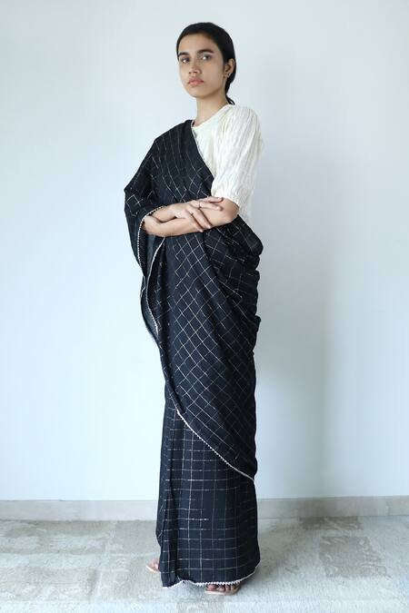 Shop_Merakus_Black Cotton Zari Round Neck Chequered Pattern Saree With Blouse _Online_at_Aza_Fashions