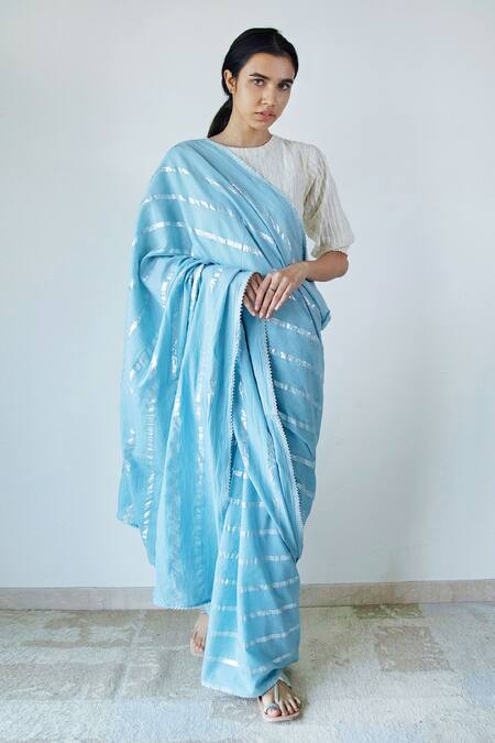 Buy_Merakus_Blue Cotton Zari Round Neck Stripe Pattern Saree With Blouse _Online_at_Aza_Fashions
