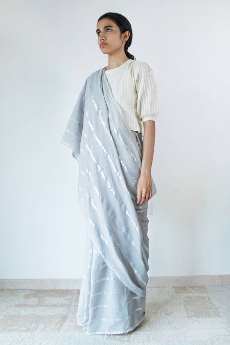 Buy_Merakus_Grey Cotton Zari Vertical Stripe Pattern Saree _Online_at_Aza_Fashions