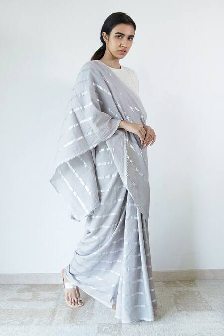 Shop_Merakus_Grey Cotton Zari Vertical Stripe Pattern Saree _Online_at_Aza_Fashions