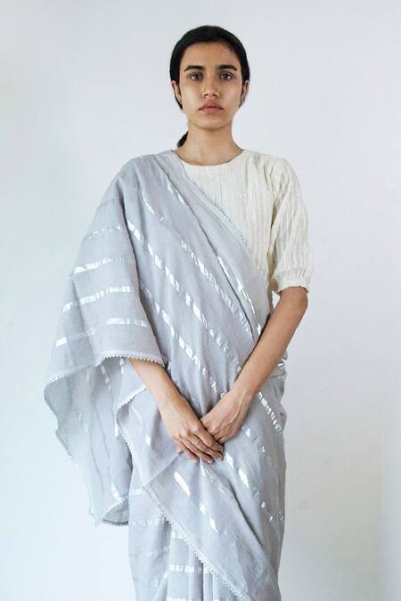 Merakus Grey Cotton Zari Round Neck Vertical Stripe Pattern Saree With Blouse Online at Aza Fashions Merakus_Grey Cotton Zari Round Neck Vertical Stripe Pattern Saree With Blouse _Online_at_Aza_Fashions