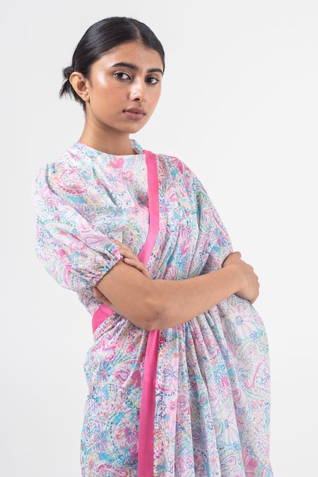 Buy_Merakus_Multi Color Chanderi Silk Embroidery Round Neck Printed Saree With Blouse _Online_at_Aza_Fashions