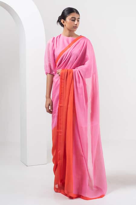 Shop_Merakus_Red Chanderi Silk Round Neck Two Tone Saree With Blouse _at_Aza_Fashions