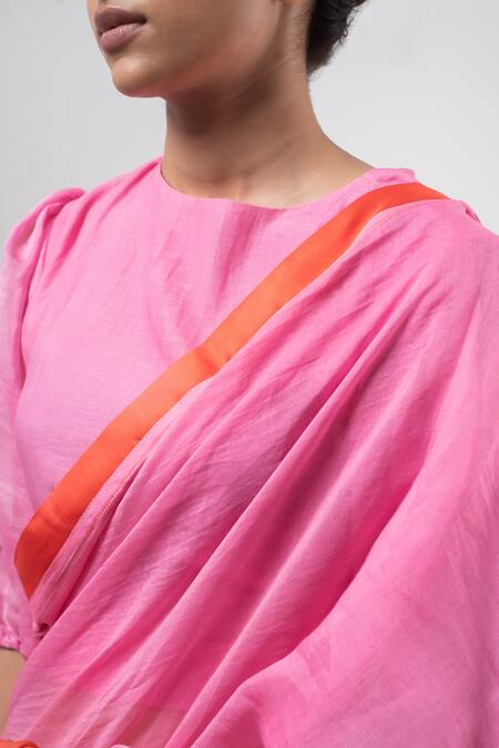 Merakus_Red Chanderi Silk Round Neck Two Tone Saree With Blouse _Online_at_Aza_Fashions