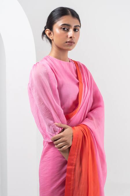 Shop_Merakus_Red Chanderi Silk Round Neck Two Tone Saree With Blouse _Online_at_Aza_Fashions