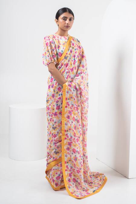 Merakus_Multi Color Chanderi Silk Round Neck Abstract Print Saree With Blouse _Online_at_Aza_Fashions