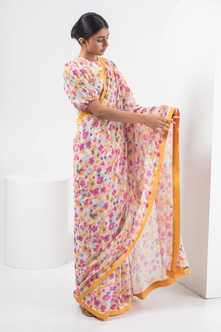 Buy_Merakus_Multi Color Chanderi Silk Round Neck Abstract Print Saree With Blouse _Online_at_Aza_Fashions