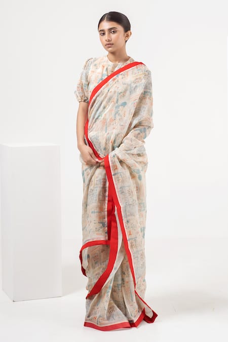 Merakus Abstract Print Saree With Blouse 