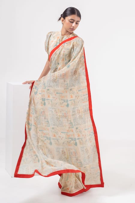 Shop_Merakus_Multi Color Chanderi Silk Round Neck Abstract Print Saree With Blouse _at_Aza_Fashions