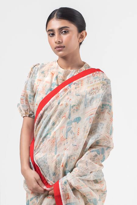 Merakus_Multi Color Chanderi Silk Round Neck Abstract Print Saree With Blouse _Online_at_Aza_Fashions