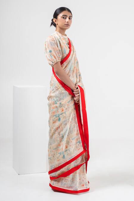 Buy_Merakus_Multi Color Chanderi Silk Round Neck Abstract Print Saree With Blouse _Online_at_Aza_Fashions