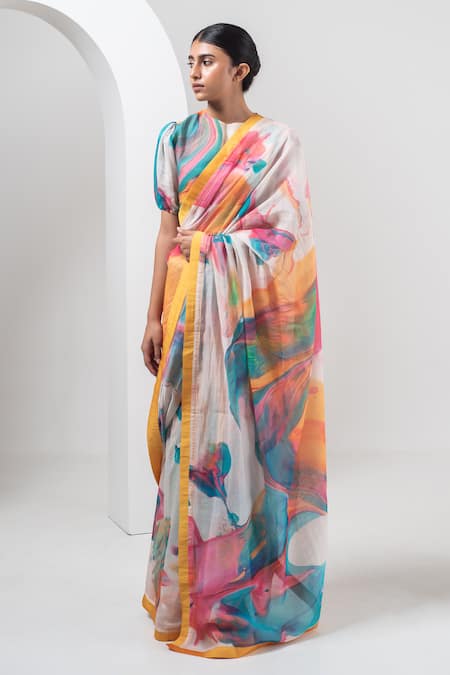 Buy_Merakus_Multi Color Chanderi Silk Print Abstract Splash Saree  _Online_at_Aza_Fashions