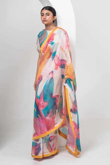 Shop_Merakus_Multi Color Chanderi Silk Print Abstract Splash Saree  _Online_at_Aza_Fashions