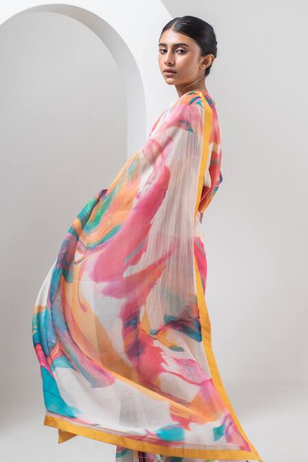 Merakus Multi Color Chanderi Silk Round Neck Abstract Splash Print Saree With Blouse Online at Aza Fashions Merakus_Multi Color Chanderi Silk Round Neck Abstract Splash Print Saree With Blouse _Online_at_Aza_Fashions
