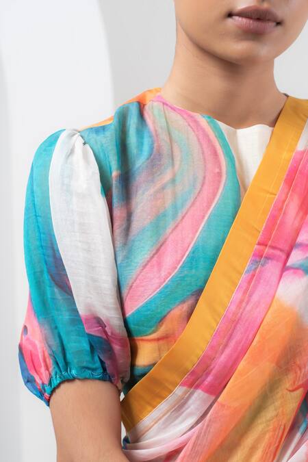 Buy_Merakus_Multi Color Chanderi Silk Round Neck Abstract Splash Print Saree With Blouse _Online_at_Aza_Fashions