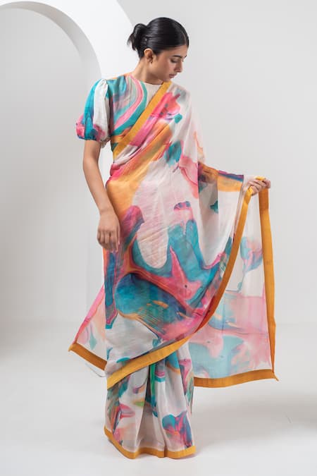Shop_Merakus_Multi Color Chanderi Silk Round Neck Abstract Splash Print Saree With Blouse _Online_at_Aza_Fashions