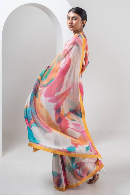 Merakus_Multi Color Chanderi Silk Round Neck Abstract Splash Print Saree With Blouse _at_Aza_Fashions