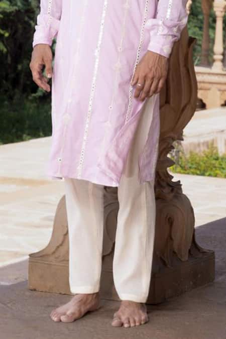 Shop_Preevin_Purple Cotton Mirrors, Embroidery Mughal Vine Kurta Set _Online_at_Aza_Fashions