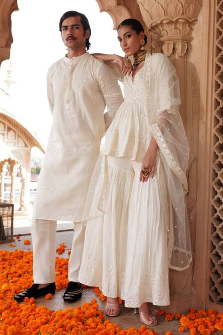 Buy Preevin Off White Cotton Mirrors, Embroidery Blossom Floret Kurta Set Buy_Preevin_Off White Cotton Mirrors, Embroidery Blossom Floret Kurta Set